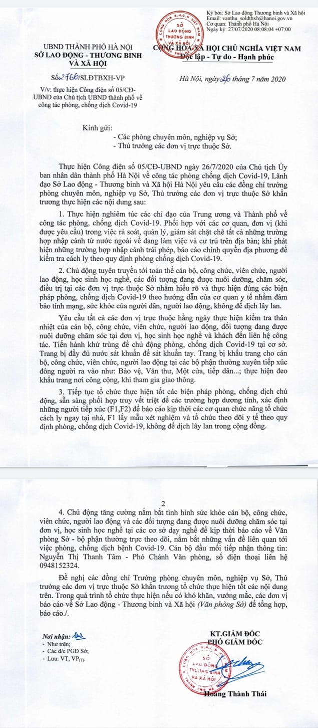 CÔNG VĂN PHÒNG CHỐNG COVID19 - SỞ LAO ĐỘNG THƯƠNG BINH VÀ XÃ HỘI HÀ NỘI